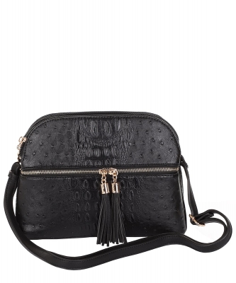 Ostrich Zip Tassel Multi Compartment Crossbody Bag Tassel OS050 BLACK
